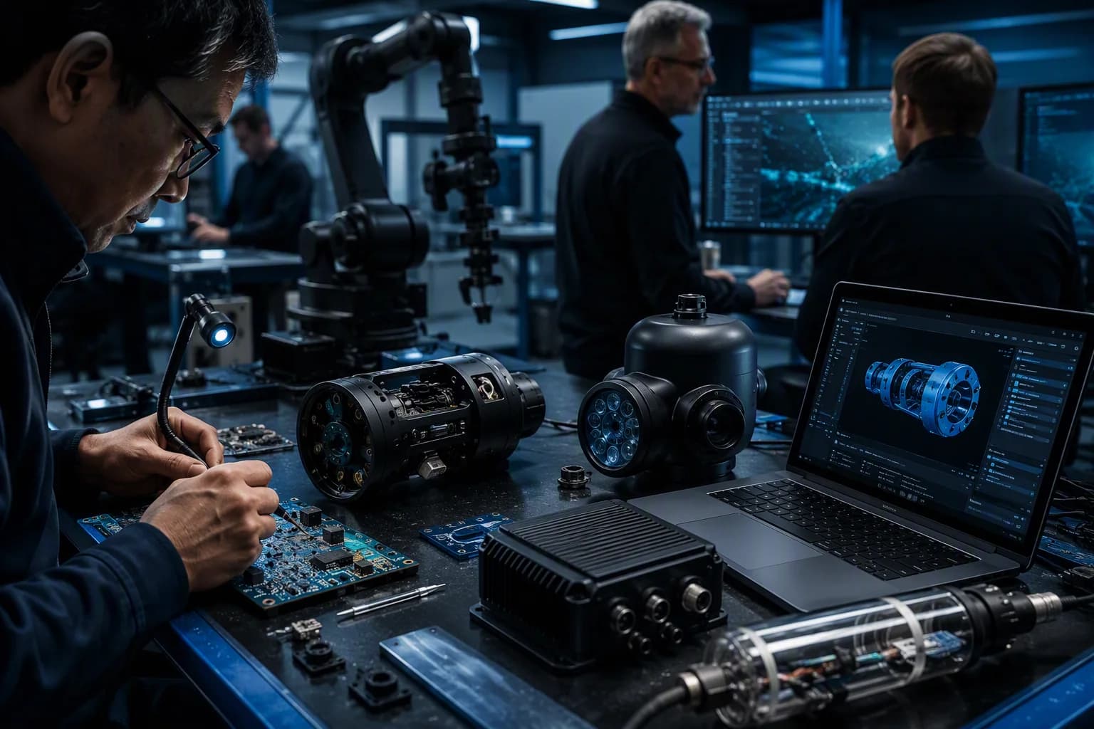 Imaging equipment and electronics on an engineering workbench.