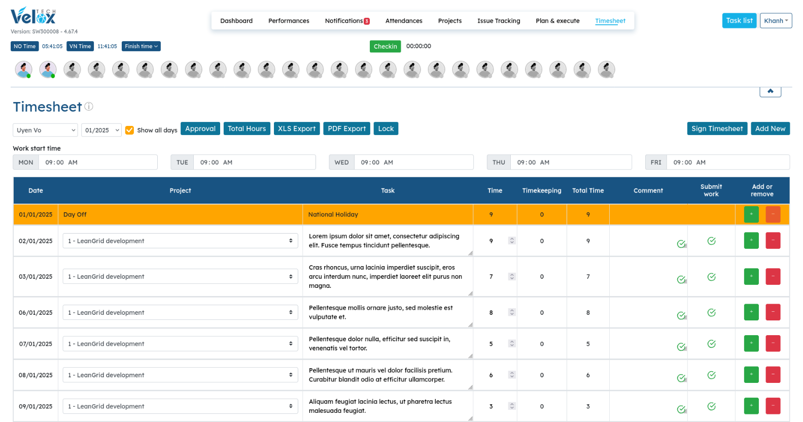 Coordia timesheet interface
