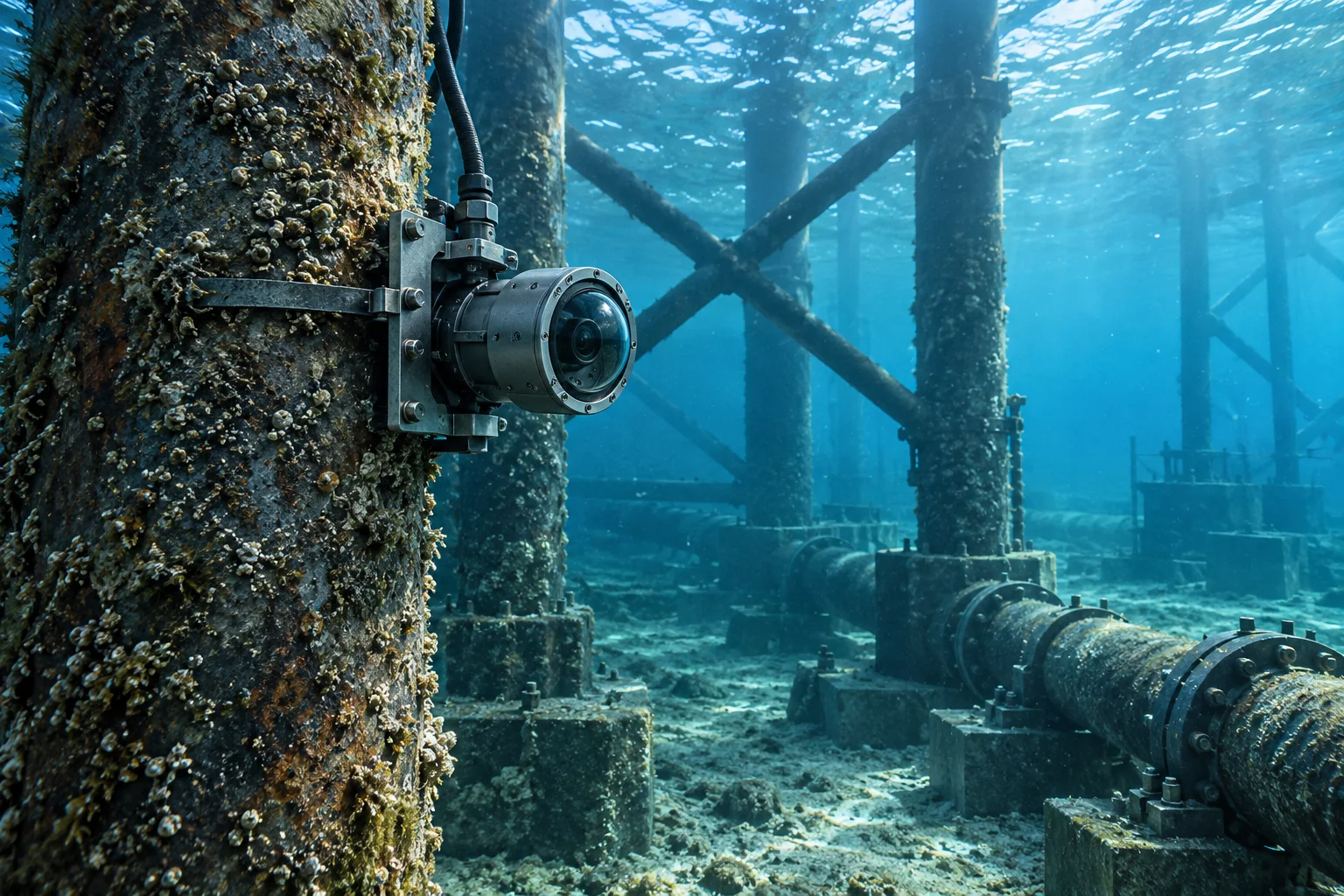 AI-generated illustration of a subsea surveillance camera monitoring harbour supports and a pipeline